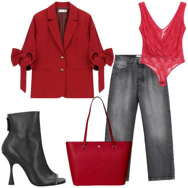 Outfit donna - Total look #2412941. Stile Glamour per Serata fuori. Abbinamento con stivaletti, top, jeans, blazer, borse tote.