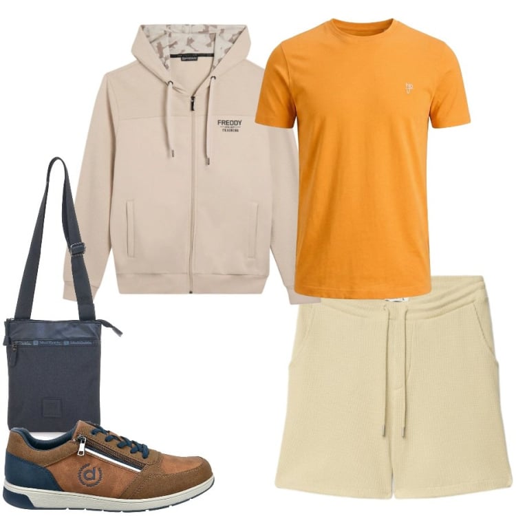 Outfit uomo - Total look #2412946. Stile Casual per Tutti i giorni. Abbinamento con bermuda, t-shirt, felpe con cappuccio, portafogli, sneakers.