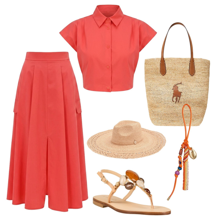 Outfit donna - Estate fragola Rinascimento. Stile Trendy per Tutti i giorni. Abbinamento con infradito, gonne lunghe, camicie a manica corta, cappelli, borse tote, braccialetti.
