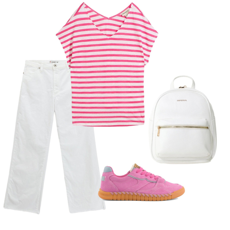 Outfit donna - Dolce Energia in Rosa. Stile Casual per Tutti i giorni. Abbinamento con t-shirt, zaini, jeans, sneakers.