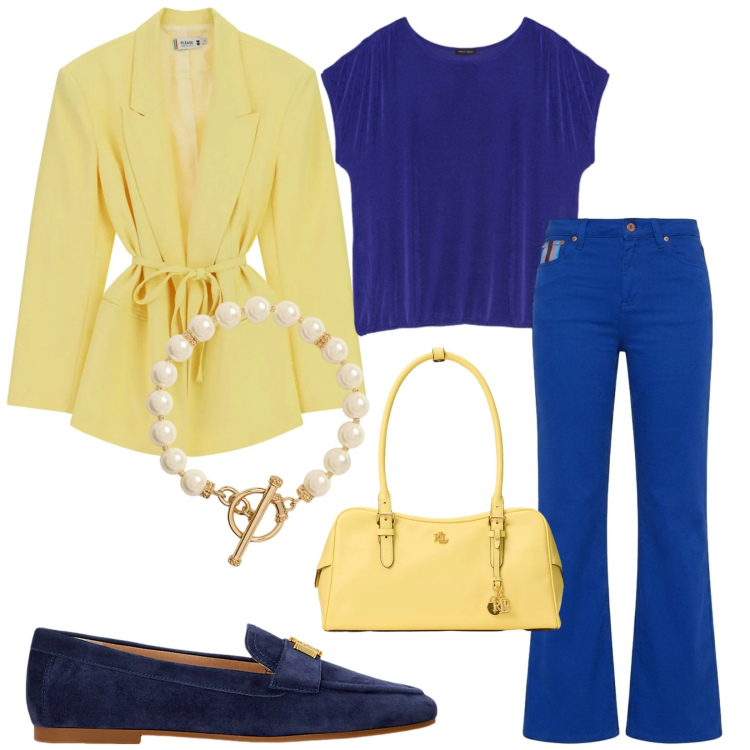 Outfit donna - Total look #2412951. Stile Casual chic per Ufficio. Abbinamento con pantaloni, blazer, t-shirt, mocassini, borse a mano, collane.