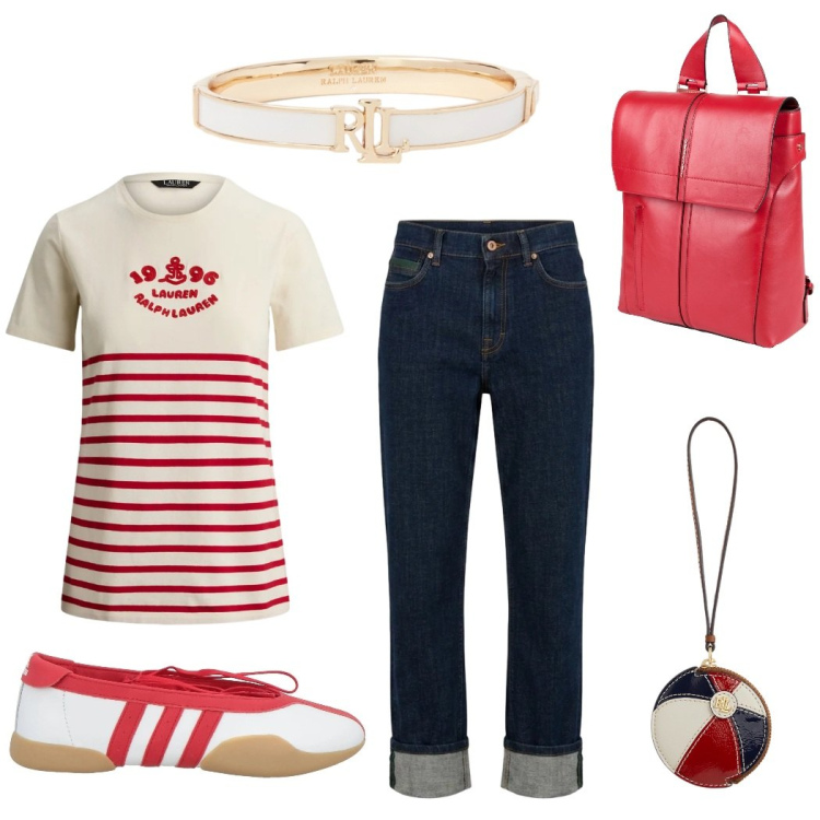 Outfit donna - Total look #2412952. Stile Casual per Tutti i giorni. Abbinamento con zaini, ballerine, jeans dritti, portachiavi, t-shirt, braccialetti.