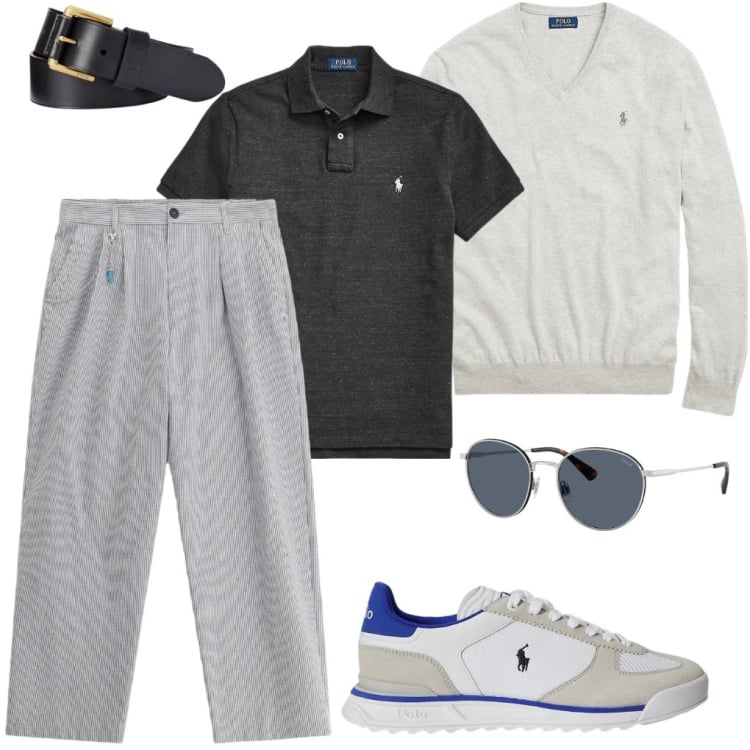Outfit uomo - G. Okay. Stile Casual per Ufficio. Abbinamento con pantaloni, polo, cinture, maglieria, occhiali da sole, sneakers.