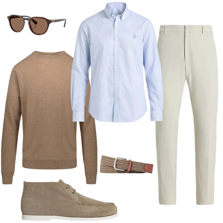 Outfit uomo - G. Perfettamente ufficio. Stile Casual per Ufficio. Abbinamento con camicie, maglieria, cinture, pantaloni, scarpe stringate, occhiali da sole.