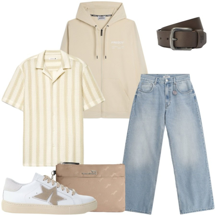 Outfit uomo - Total look #2412958. Stile Casual per Tutti i giorni. Abbinamento con camicie a manica corta, jeans, sneakers, borse sportive, cinture, felpe con cappuccio.