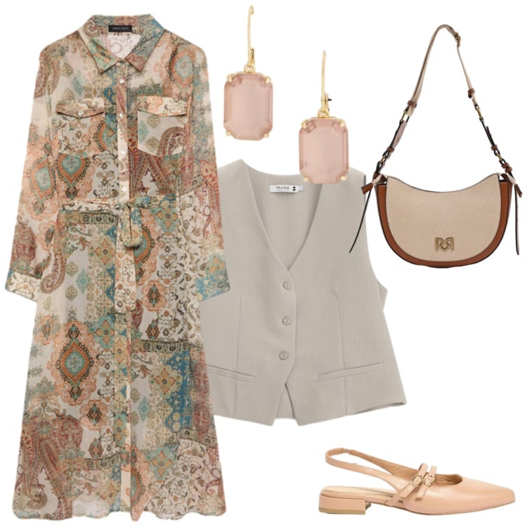 Outfit donna - Il mio abito preferito. Stile Casual chic per Tutti i giorni. Abbinamento con ballerine, borse a tracolla, gilet, vestiti chemisier, orecchini.
