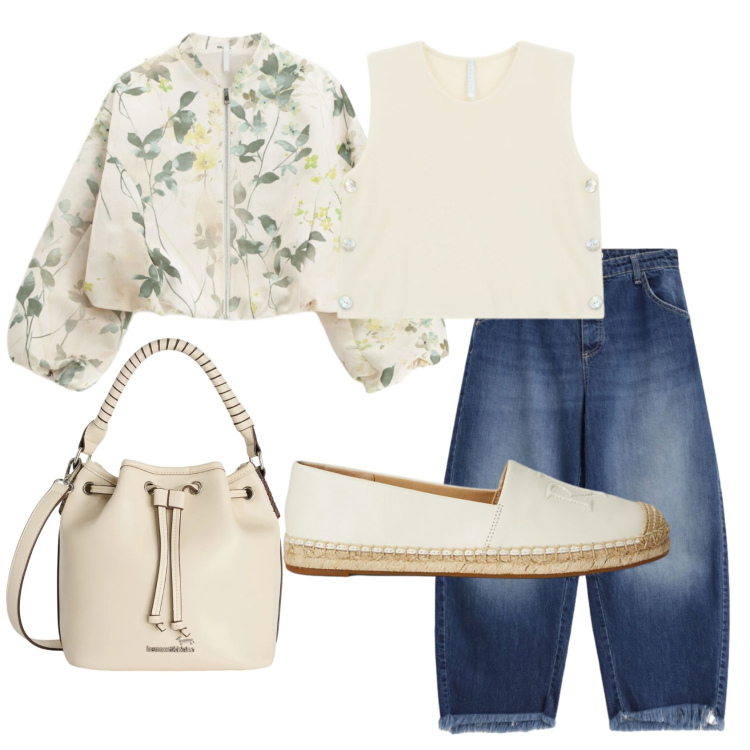 Outfit donna - Total look #2412967. Stile Casual per Tutti i giorni. Abbinamento con bomber, top, borse a secchiello, jeans, espadrillas.
