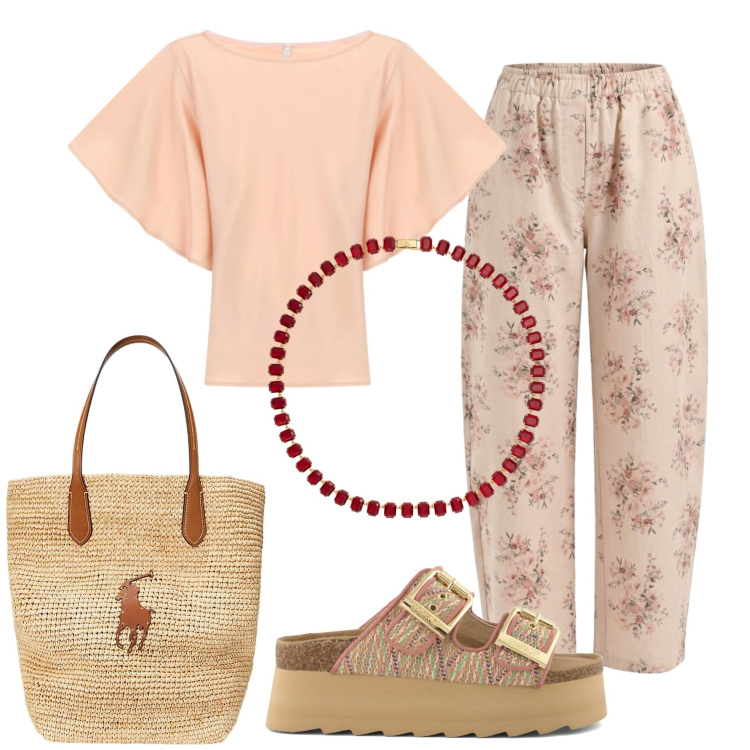 Outfit donna - Total look #2412971. Stile Casual per Tutti i giorni. Abbinamento con pantaloni, t-shirt, borse tote, collane, ciabatte.