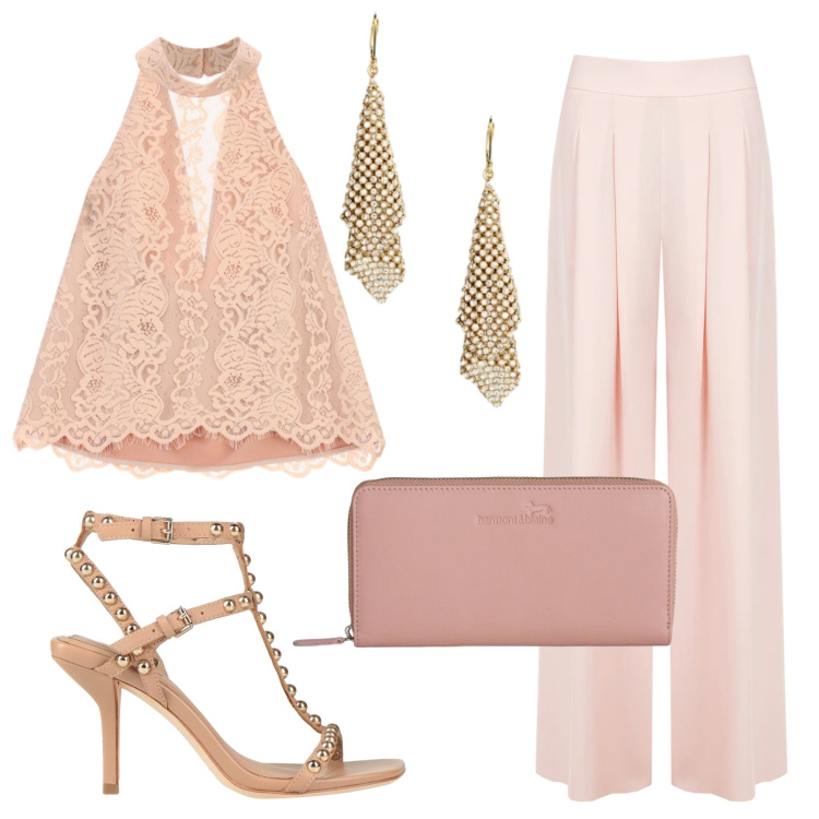 Outfit donna - Total look #2412972. Stile Chic per Cerimonia. Abbinamento con sandali in pelle, pantaloni a palazzo, canottiere, portafogli, orecchini.