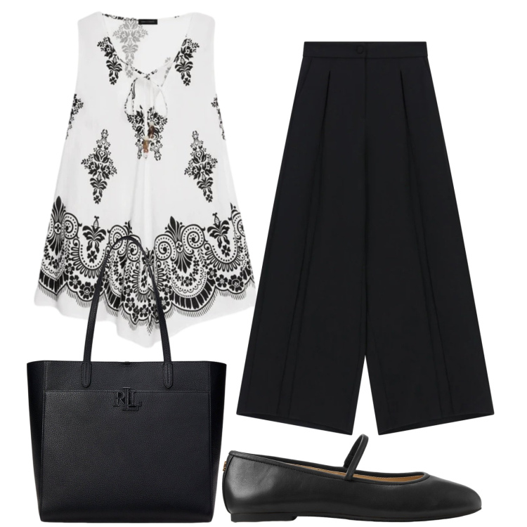 Outfit donna - Total look #2412973. Stile Casual chic per Ufficio. Abbinamento con pantaloni a palazzo, canottiere, ballerine, borse tote.