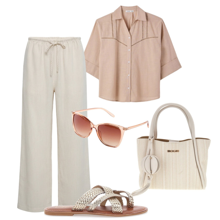 Outfit donna - Basica in lino. Stile Basic per Tutti i giorni. Abbinamento con occhiali da sole, pantaloni, camicie a manica corta, borse a tracolla, infradito.