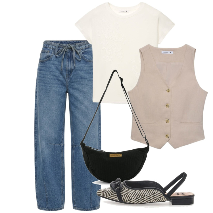 Outfit donna - Giugno con le ballerine - @antonellal. Stile Casual chic per Tutti i giorni. Abbinamento con jeans, gilet, t-shirt, ballerine, borse a tracolla.