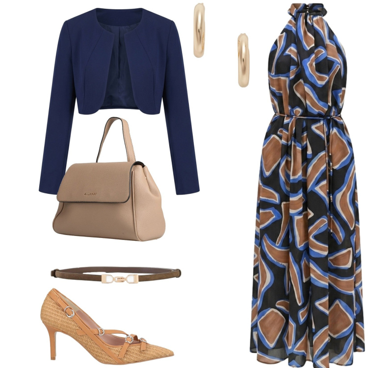 Outfit donna - Cerimonia a Giugno. Stile Chic per Cerimonia. Abbinamento con zaini, décolleté, cinture, bolero, vestiti lunghi, orecchini.