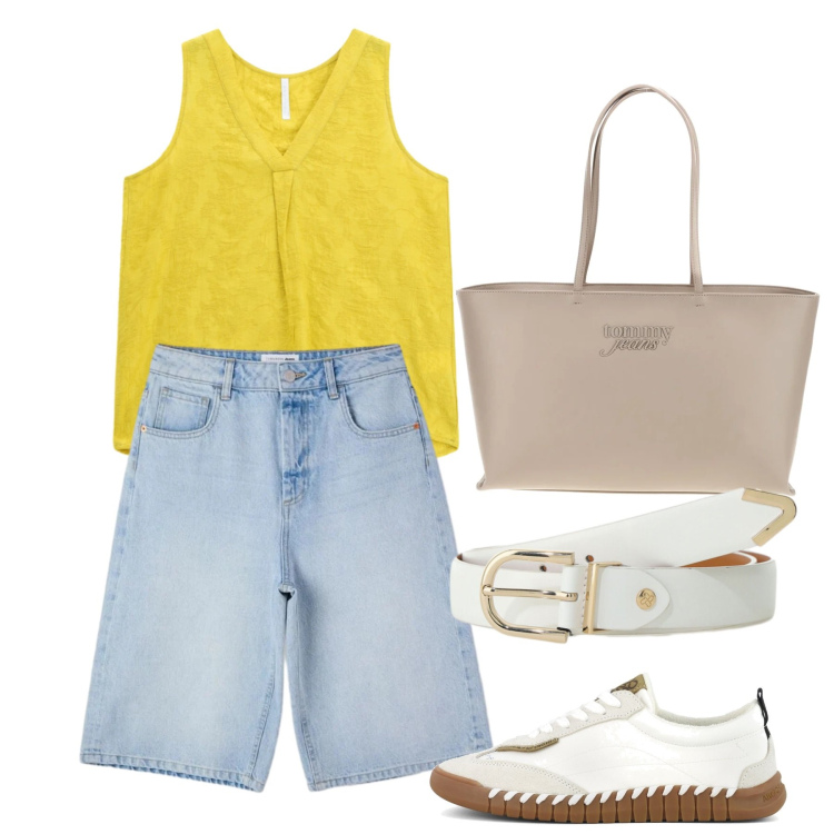 Outfit donna - Giugno: un tocco di giallo - @susystyle. Stile Casual per Tutti i giorni. Abbinamento con bermuda, cinture, top, sneakers, borse a spalla.