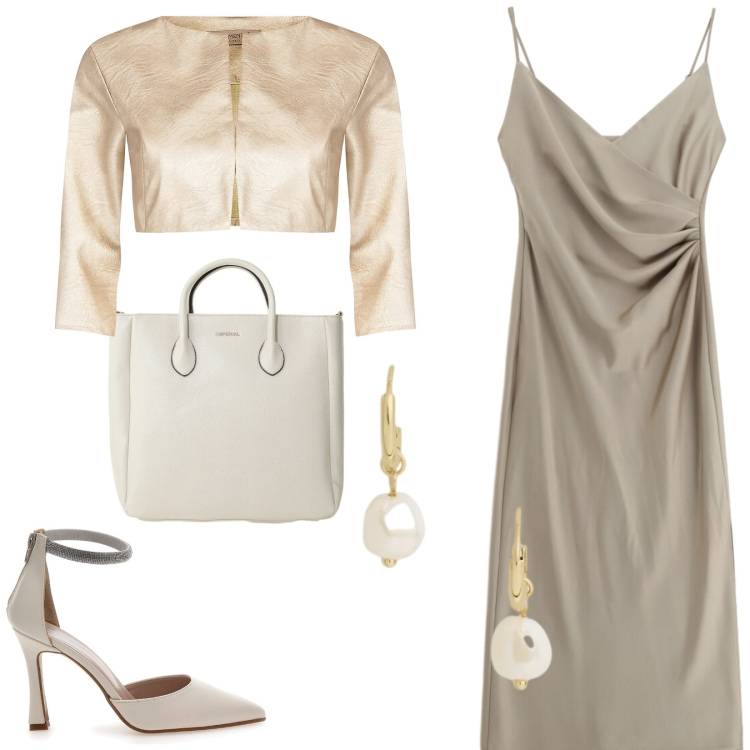 Outfit donna - Total look #2412986. Stile Chic per Cerimonia. Abbinamento con bolero, borse a tracolla, vestiti midi/longuette, orecchini, décolleté.