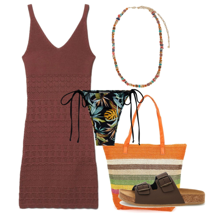 Outfit donna - Giugno. Stile Chic per Mare. Abbinamento con vestiti corti, bikini, collane, ciabatte, shopping bag.