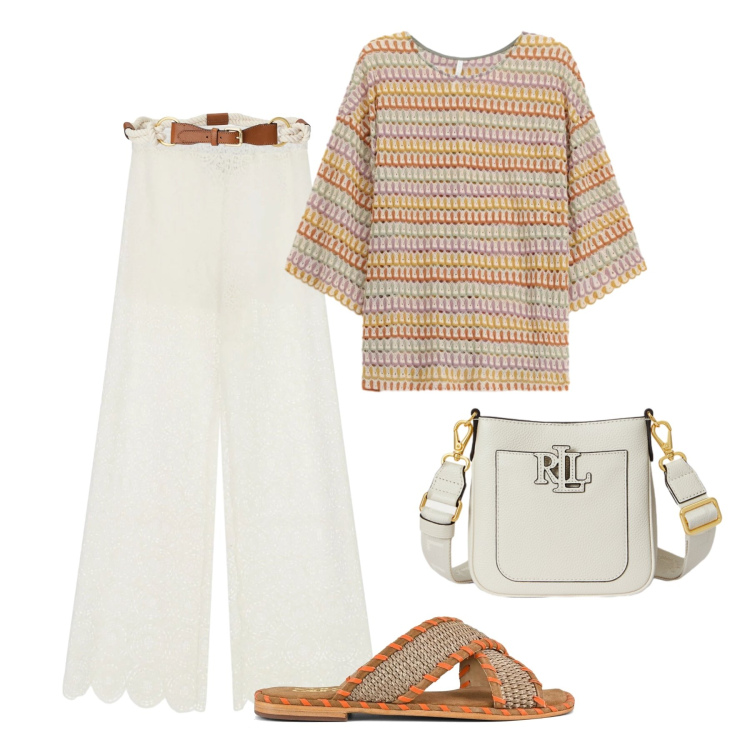 Outfit donna - Palazzo ricamati. Stile Trendy per Tutti i giorni. Abbinamento con t-shirt, pantaloni a palazzo, cinture, borse a tracolla, ciabatte.