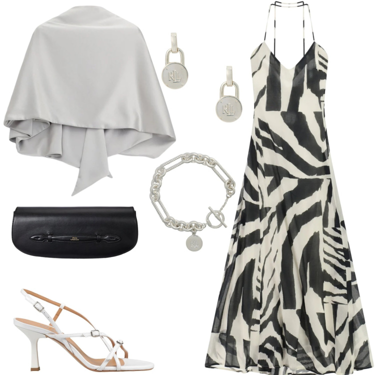 Outfit donna - L\'abito da sera dal "carattere deciso". Stile Glamour per Cerimonia. Abbinamento con sandali in pelle, vestiti lunghi, scialli, braccialetti, clutch, orecchini.