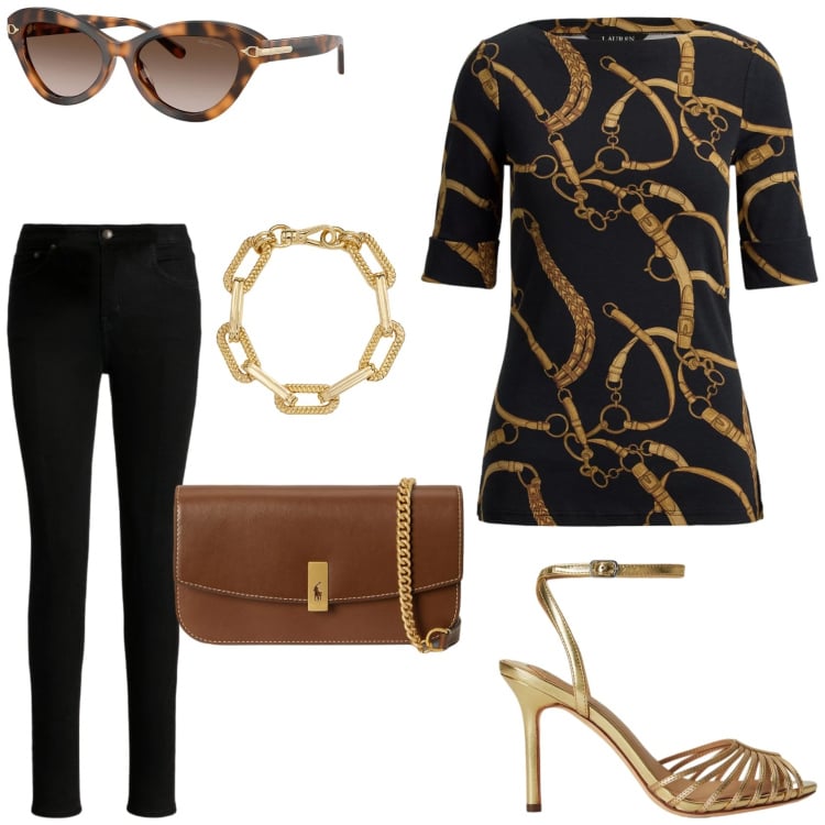 Outfit donna - Un incontro nel pomeriggio. Stile Glamour per Serata fuori. Abbinamento con clutch, jeans skinny, sandali in pelle, t-shirt, occhiali da sole, braccialetti.