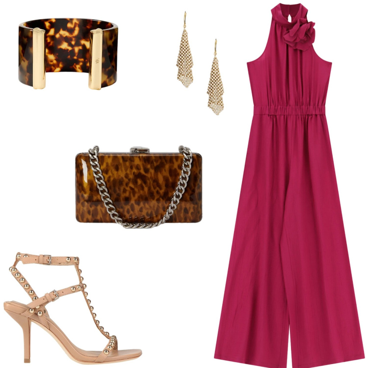 Outfit donna - Il completo da sera. Stile Glamour per Cerimonia. Abbinamento con sandali in pelle, tute, clutch, braccialetti, orecchini.