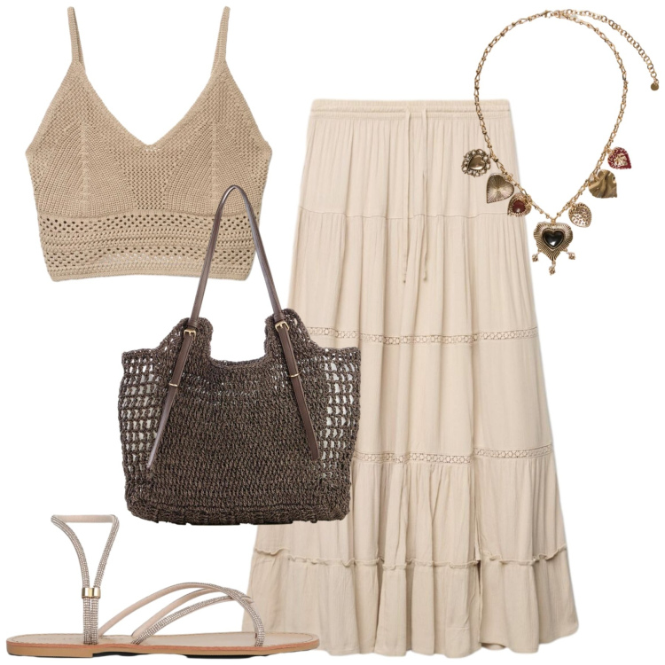 Outfit donna - Estate. Stile Boho per Tutti i giorni. Abbinamento con shopping bag, gonne lunghe, top, sandali, collane.