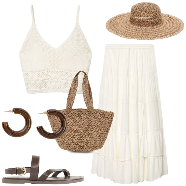 Outfit donna - White. Stile Boho per Tutti i giorni. Abbinamento con sandali, orecchini, gonne lunghe, top, cappelli, borse a spalla.