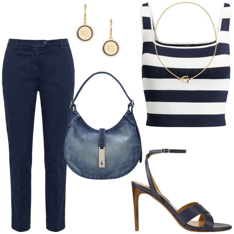 Outfit donna - L\'outfit casual e chic. Stile Glamour per Serata fuori. Abbinamento con pantaloni, borse a spalla, sandali col tacco, top, ciondoli, orecchini.
