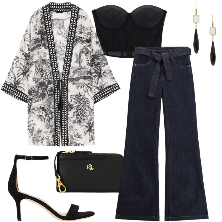 Outfit donna - Aperitivo in terrazza. Stile Casual chic per Serata fuori. Abbinamento con top, jeans a zampa, caftani, sandali in pelle, orecchini, portafogli.