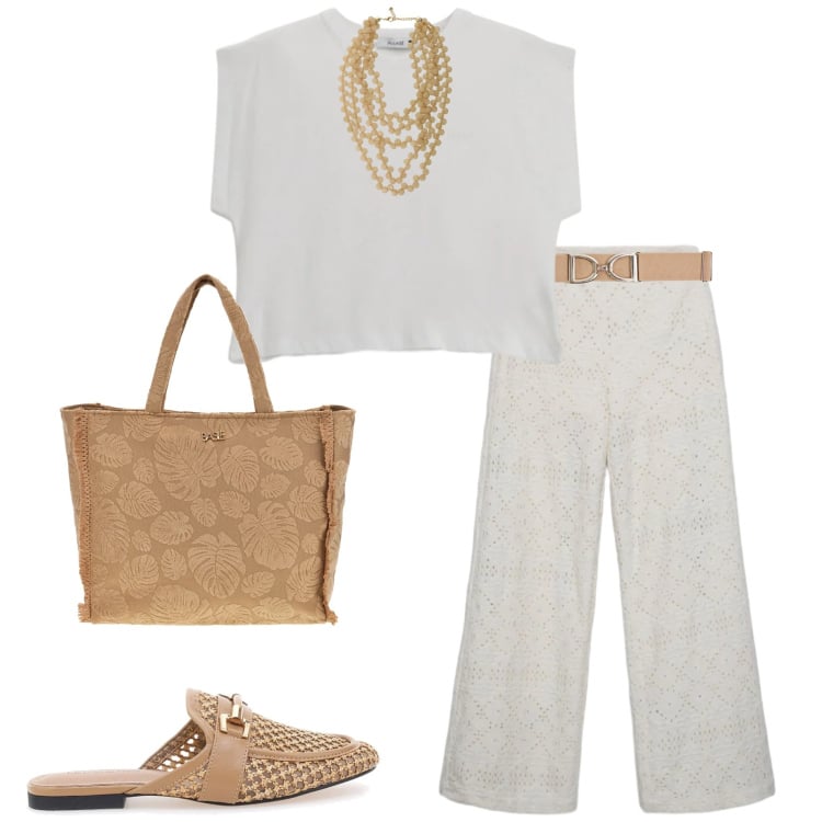 Outfit donna - Giugno in ufficio. Stile Casual chic per Ufficio. Abbinamento con pantaloni, cinture, collane, top, sabot, shopping bag.