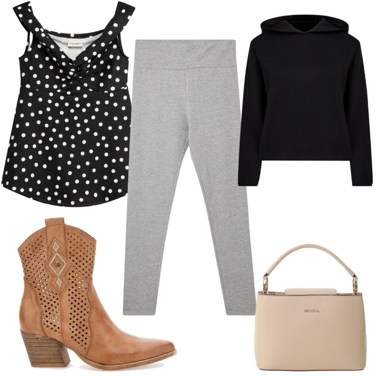 Outfit donna - Total look #2413013. Stile Sporty chic per Tutti i giorni. Abbinamento con canottiere, leggings, borse a secchiello, maglieria, stivaletti texani.