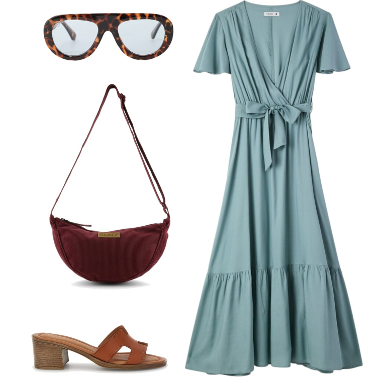 Outfit donna - Una ventata di freschezza. Stile Casual chic per Ufficio. Abbinamento con vestiti lunghi, occhiali da sole, sandali col tacco, borse a tracolla.