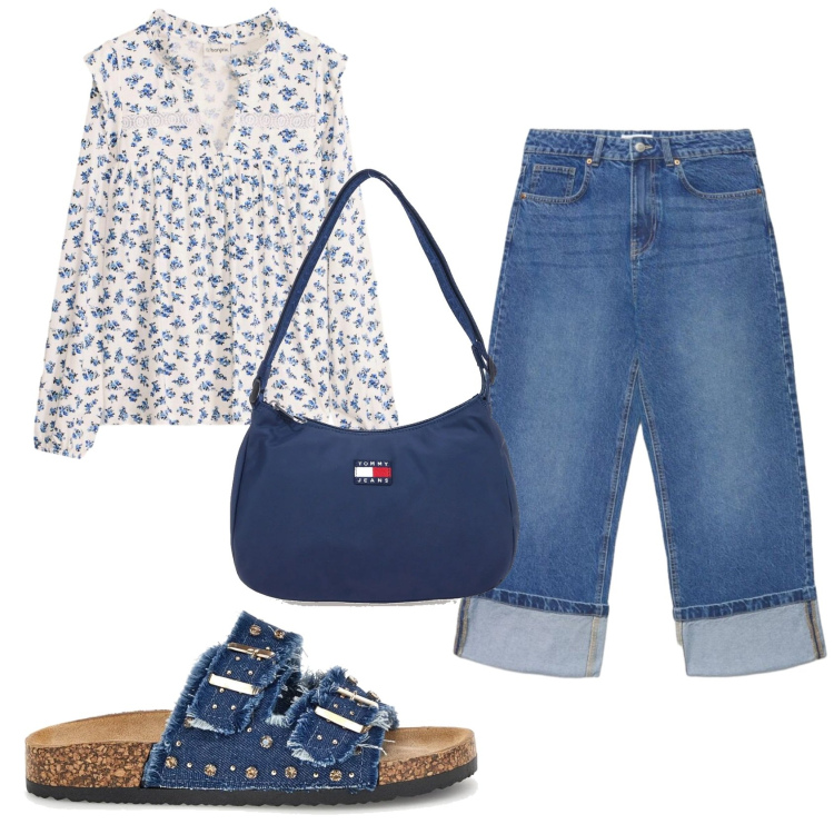 Outfit donna - Total look #2413017. Stile Casual per Tutti i giorni. Abbinamento con bluse, jeans, borse a spalla, ciabatte.