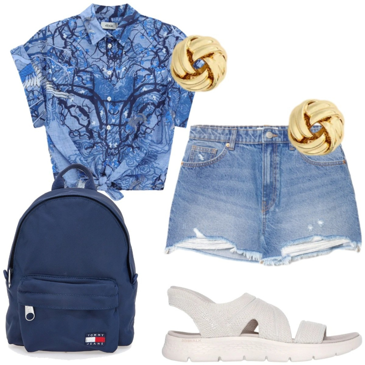 Outfit donna - Camicia blu e acqua. Stile Casual per Tutti i giorni. Abbinamento con shorts, camicie a manica corta, orecchini, sandali, zaini.