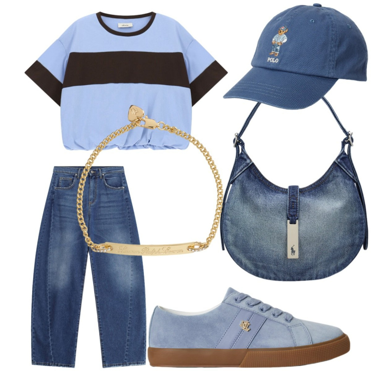 Outfit donna - Azzurro e denim. Stile Trendy per Tutti i giorni. Abbinamento con borse a spalla, sneakers, cappelli con visiera, braccialetti, t-shirt, jeans.
