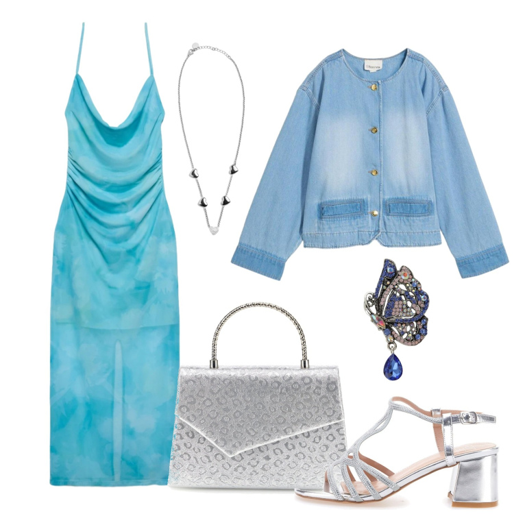 Outfit donna - Toni freddi. Stile Casual chic per Tutti i giorni. Abbinamento con cappotti, vestiti lunghi, collane, ciondoli, sandali col tacco, pochette.