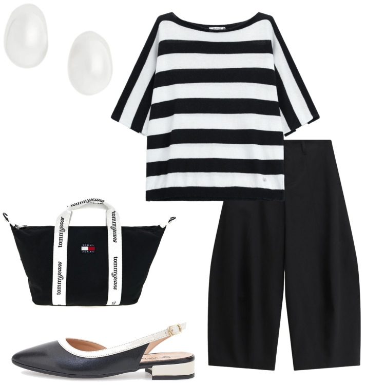 Outfit donna - A righe, fresco e per l\'ufficio. Stile Preppy per Tutti i giorni. Abbinamento con top, pantaloni a palazzo, orecchini, ballerine, shopping bag.