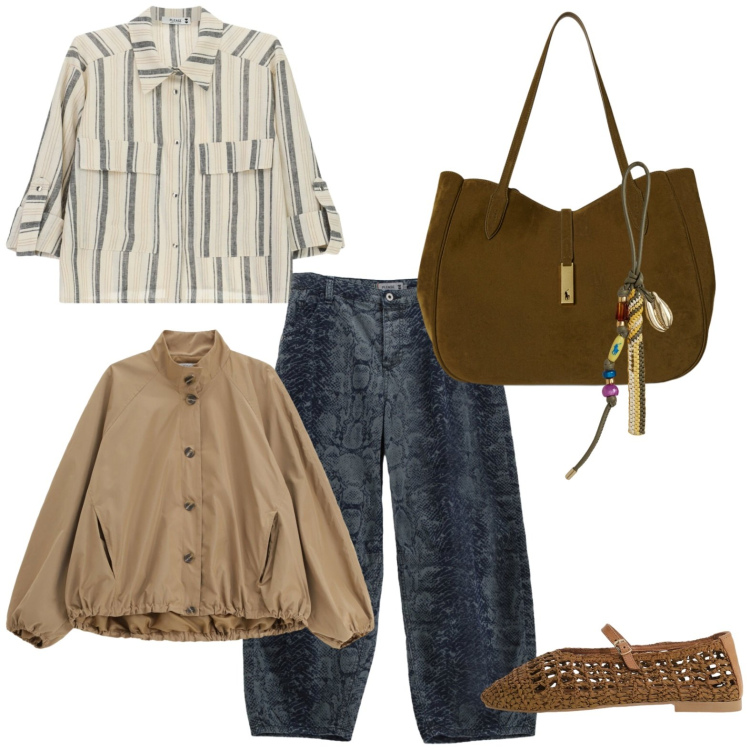 Outfit donna - all\'Università o in ufficio a settembre. Stile Casual per Ufficio. Abbinamento con camicie, bomber, jeans, ballerine, braccialetti, borse tote.
