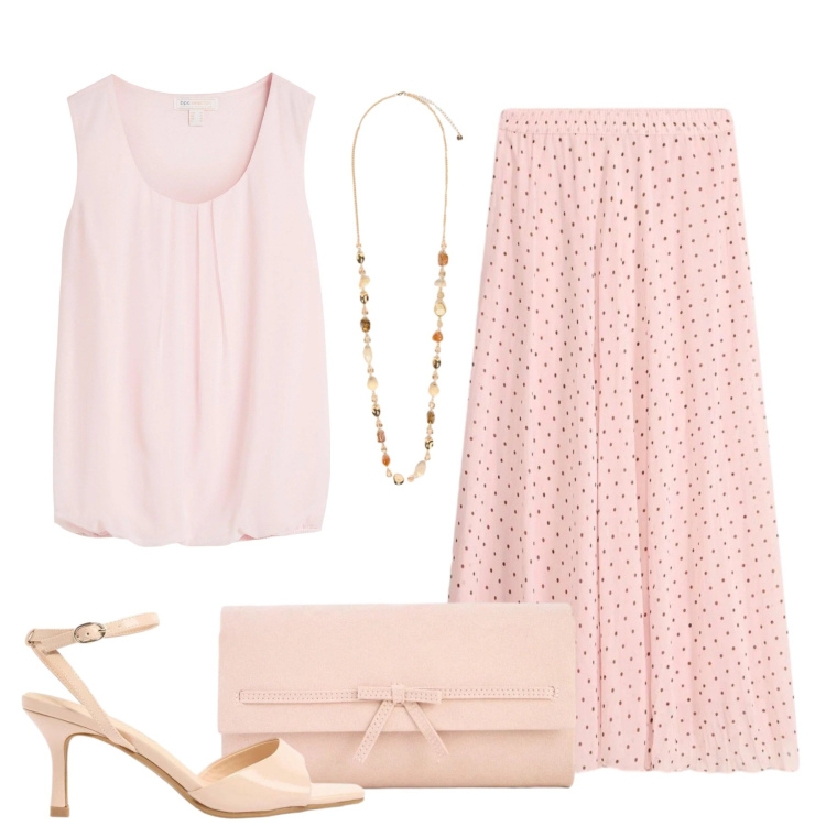 Outfit donna - Eleganza con low budget. Stile Chic per Tutti i giorni. Abbinamento con top, sandali col tacco, gonne longuette, pochette, collane.