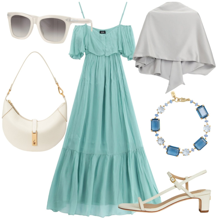 Outfit donna - Cerimonia di giorno. Stile Glamour per Cerimonia. Abbinamento con scialli, vestiti lunghi, sandali in pelle, borse a spalla, braccialetti, occhiali da sole.