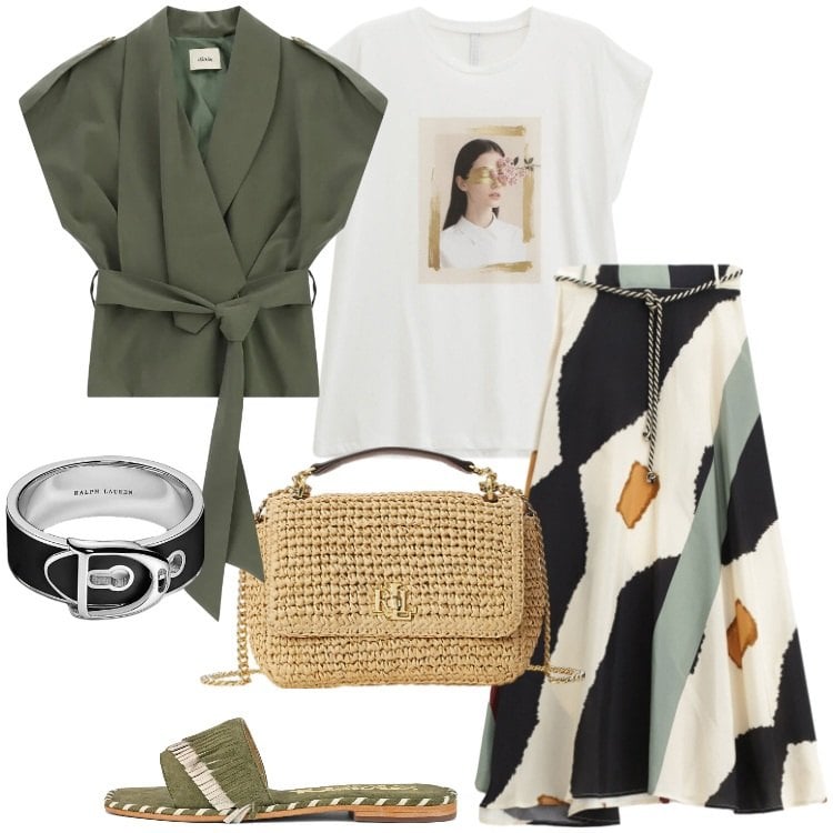 Outfit donna - I gemelli. Stile Urban per Tutti i giorni. Abbinamento con t-shirt, gonne lunghe, blazer, anelli, borse a spalla, ciabatte.