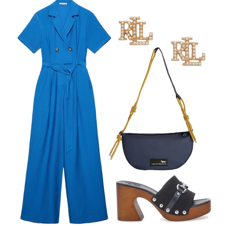 Outfit donna - Di corsa a lavoro e poi in giro per shop. Stile Casual chic per Tutti i giorni. Abbinamento con tute, borse a tracolla, orecchini, zoccoli.