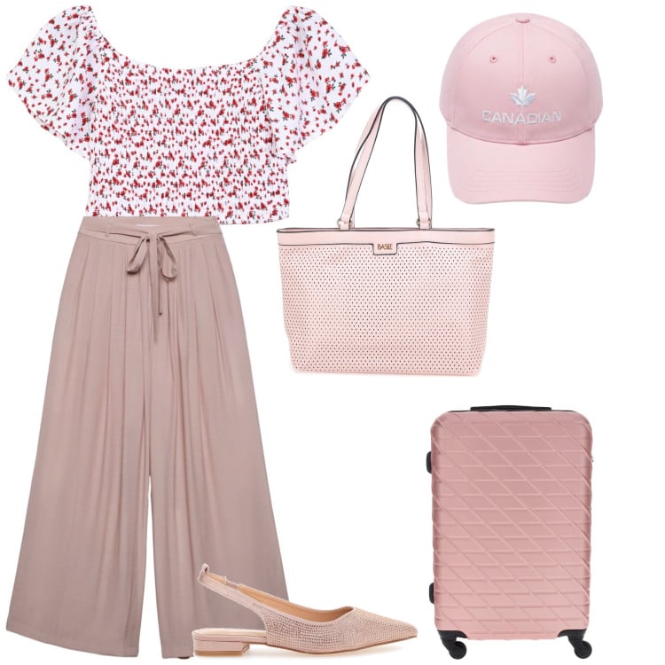 Outfit donna - Total look. Stile Basic per Tutti i giorni. Abbinamento con pantaloni, bluse, berretti, ballerine, borse a spalla, valigie.