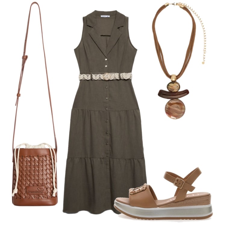 Outfit donna - Abito leggero per tutti i giorni. Stile Military per Tutti i giorni. Abbinamento con vestiti chemisier, borse a secchiello, ciondoli, sandali.