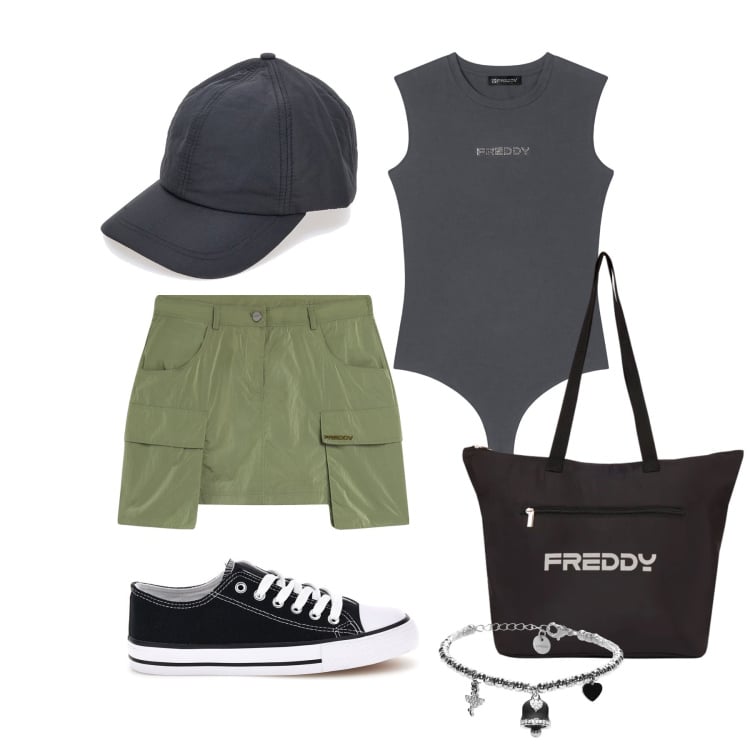 Outfit donna - Giugno. Stile Casual chic per Tutti i giorni. Abbinamento con minigonne, top, braccialetti, shopping bag, cappelli con visiera, sneakers.