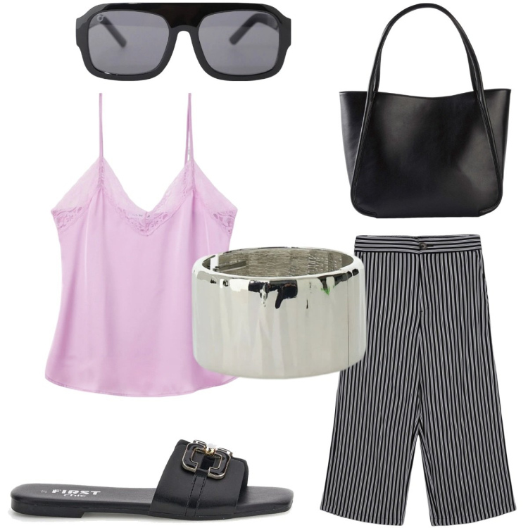 Outfit donna - Ufficio in Estate. Stile Chic per Ufficio. Abbinamento con shopping bag, pantaloni a palazzo, canottiere, braccialetti, occhiali da sole, ciabatte.