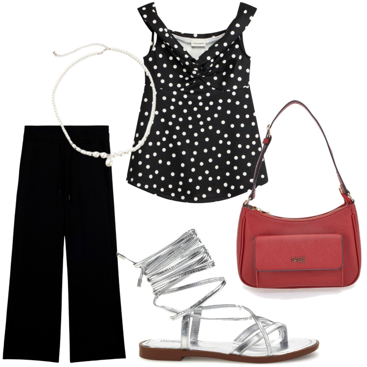 Outfit donna - Eleganza rètro. Stile Chic per Tutti i giorni. Abbinamento con collane, canottiere, pantaloni, borse a spalla, sandali.