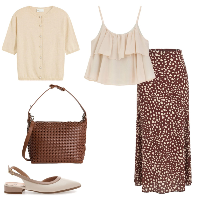 Outfit donna - Total look #2413061. Stile Casual per Ufficio. Abbinamento con borse a spalla, top, gonne lunghe, ballerine, cardigans.
