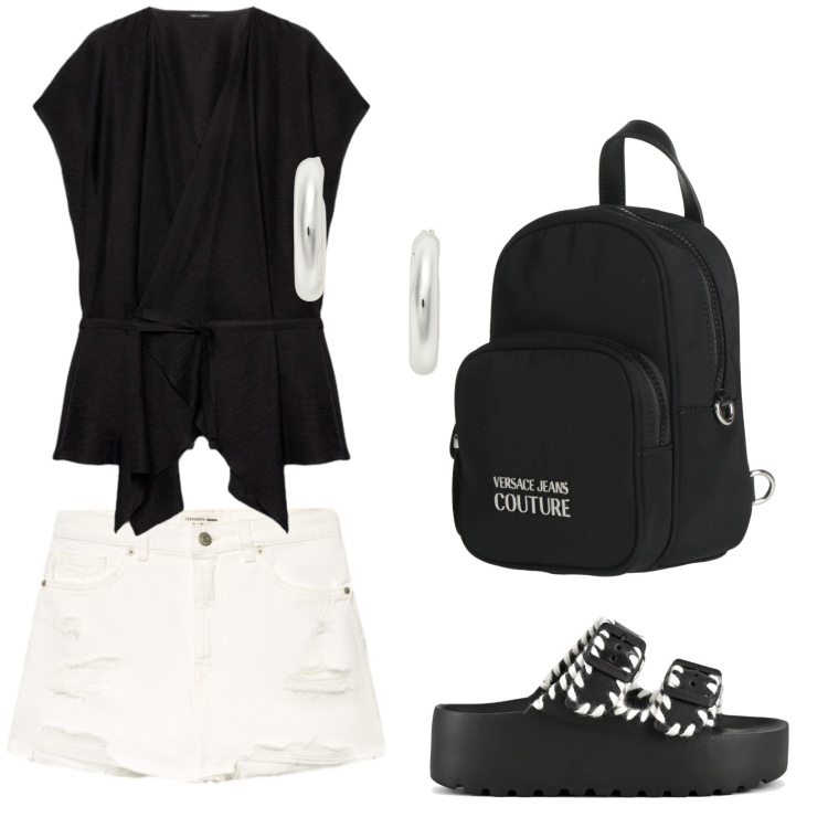 Outfit donna - Dettagli strappati. Stile Casual per Tutti i giorni. Abbinamento con zaini, shorts, caftani, orecchini, ciabatte.