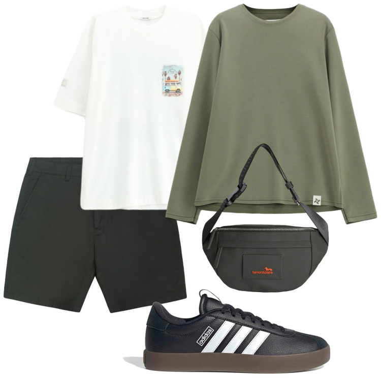 Outfit uomo - Tramonto e aperitivo. Stile Casual per Tutti i giorni. Abbinamento con felpe, t-shirt, bermuda, borse sportive, sneakers.