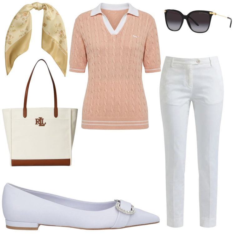 Outfit donna - Total look #2413076. Stile Casual chic per Ufficio. look ideale per Tall. Abbinamento con polo, pantaloni, occhiali da sole, borse tote, foulard, ballerine.